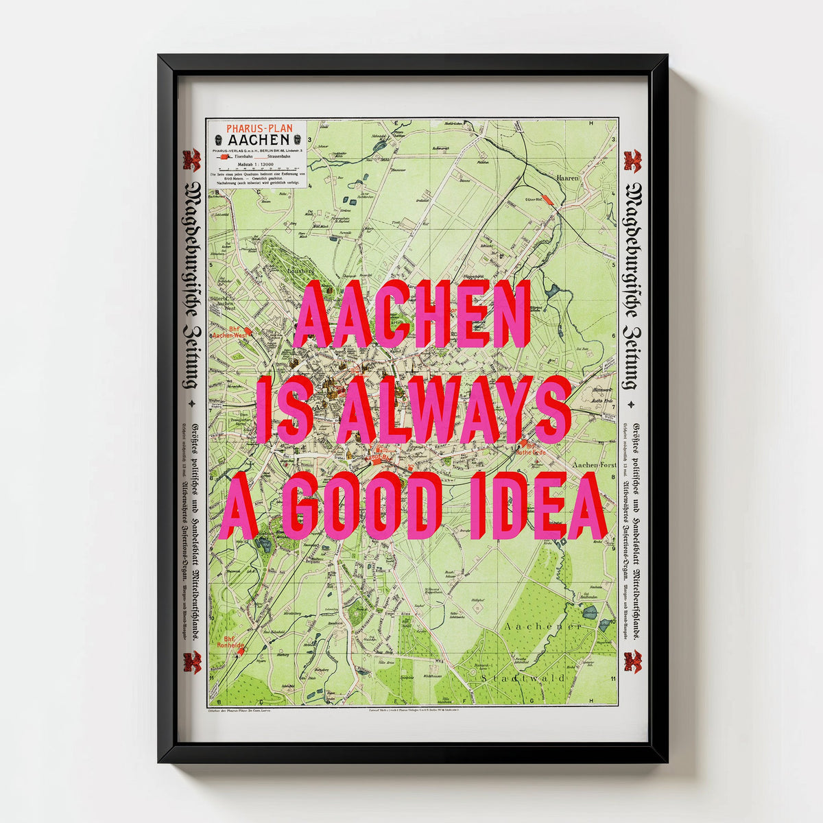Aachen Retro Pop Art Map Print (portrait) - black frame mockup - Magic Posters Bold