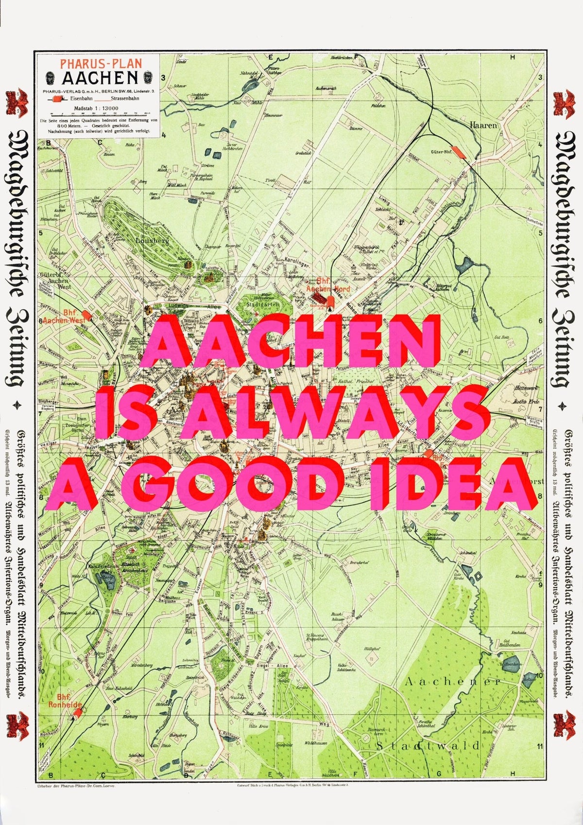 Aachen Retro Pop Art Map Print (portrait) - Magic Posters