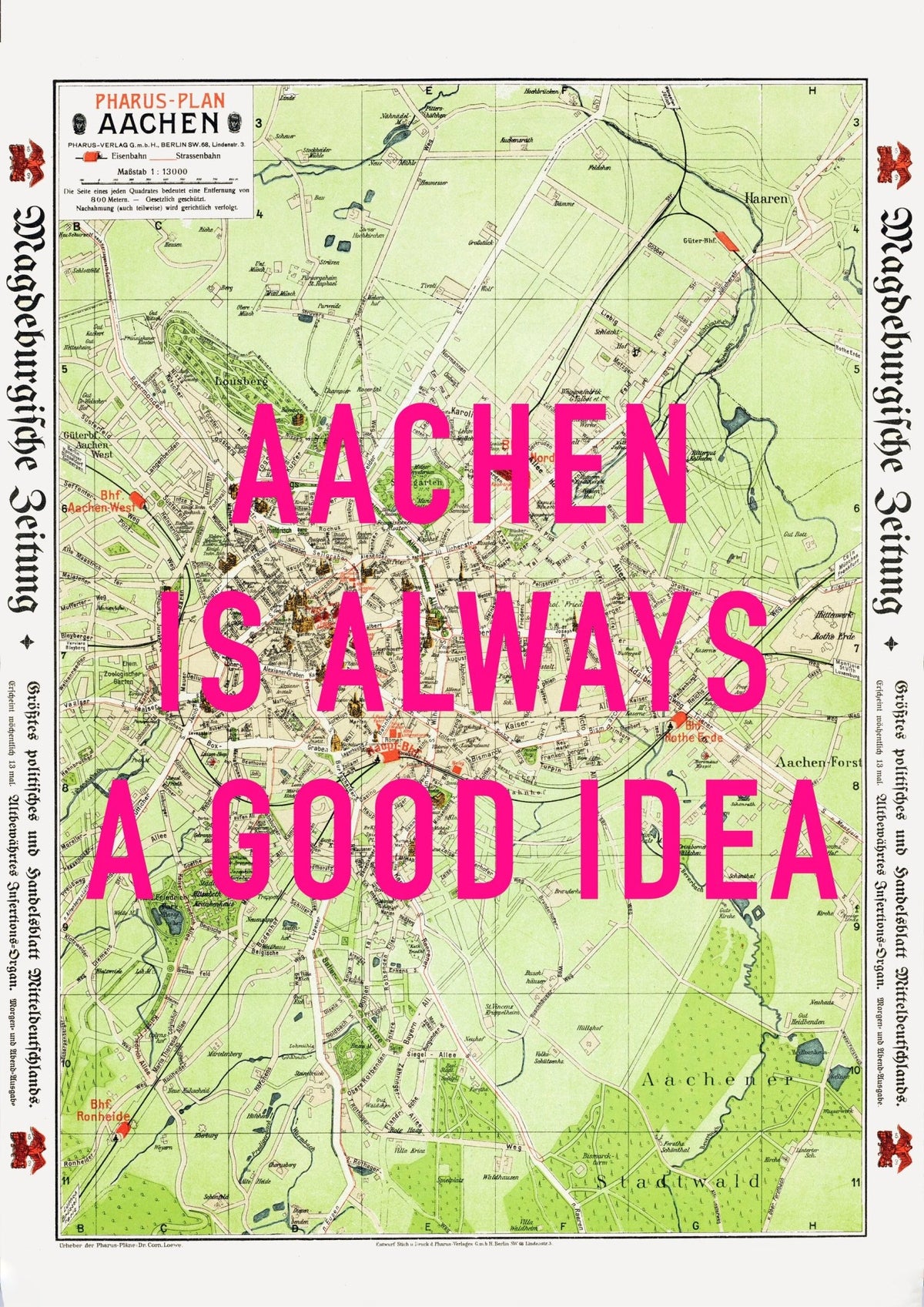 Aachen Retro Pop Art Map Print (portrait) - Magic Posters