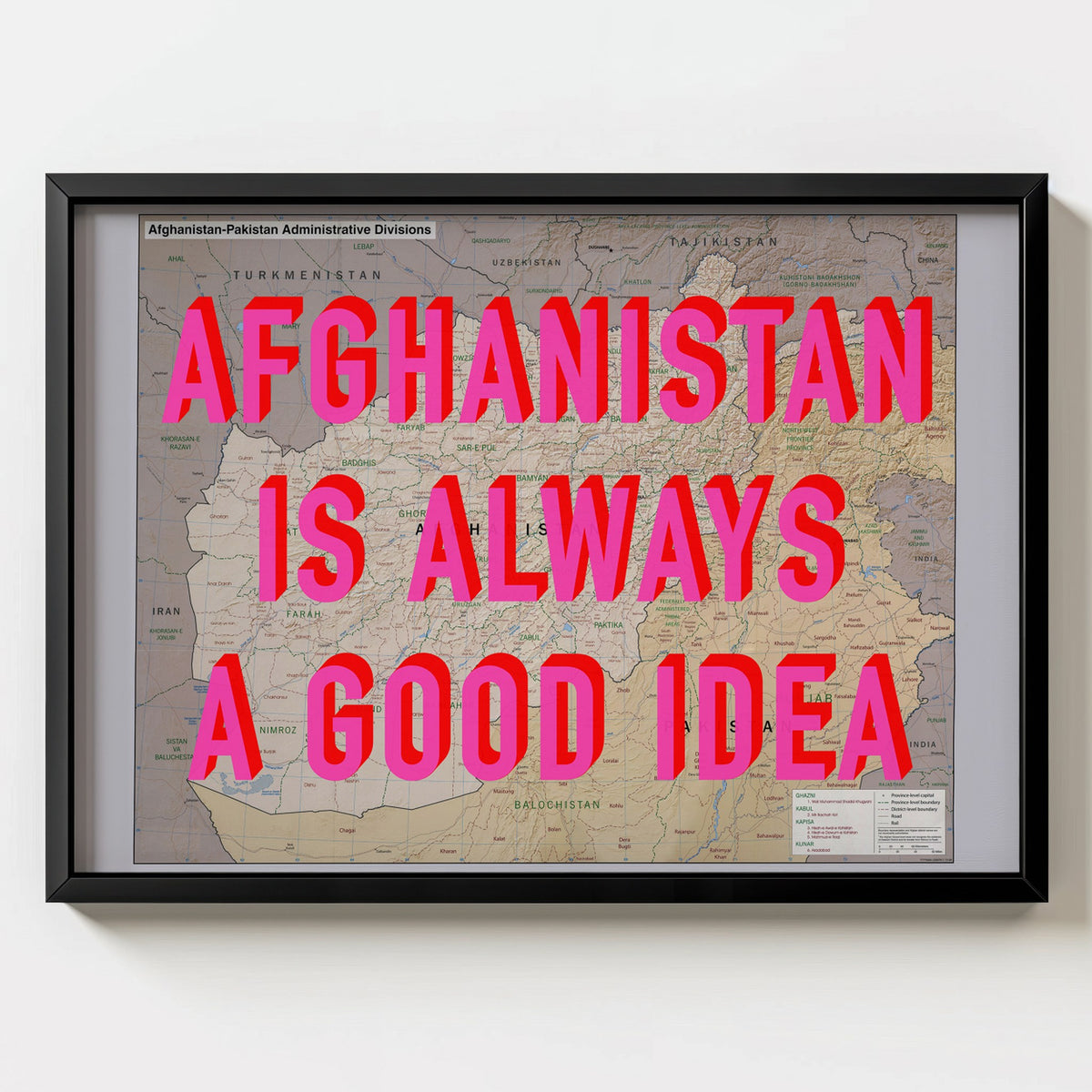 Afghanistan Retro Pop Art Map Print (landscape) - black frame mockup - Magic Posters Bold