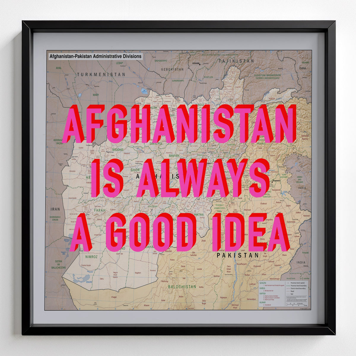 Afghanistan Retro Pop Art Map Print (square) - black frame mockup - Magic Posters Bold
