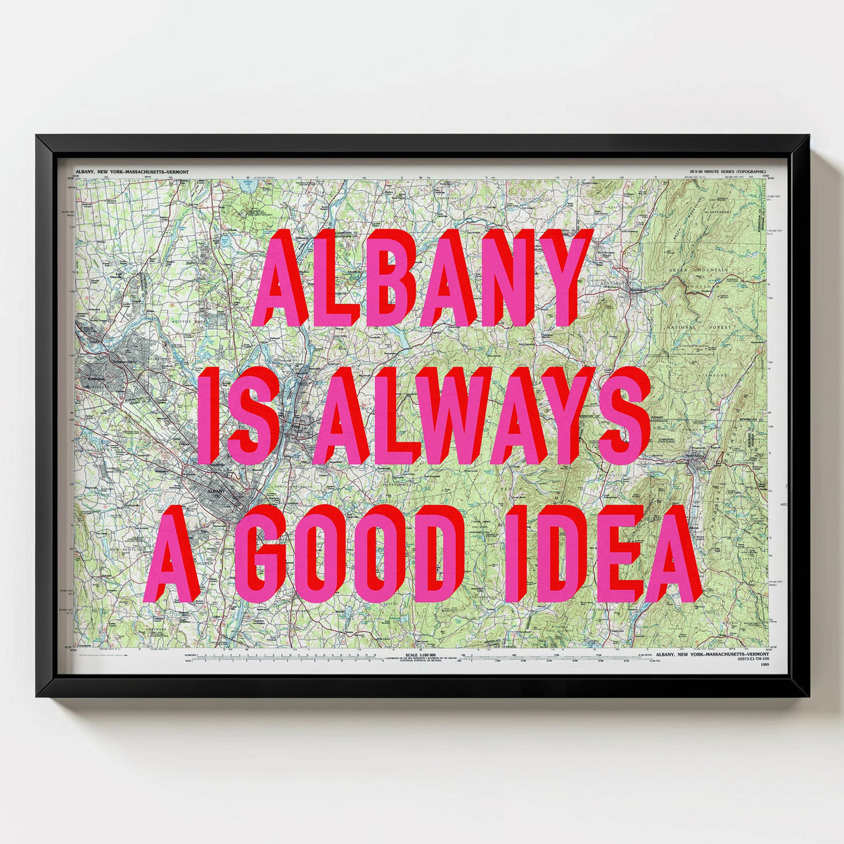 Albany Retro Pop Art Map Print (landscape) - black frame mockup - Magic Posters Bold