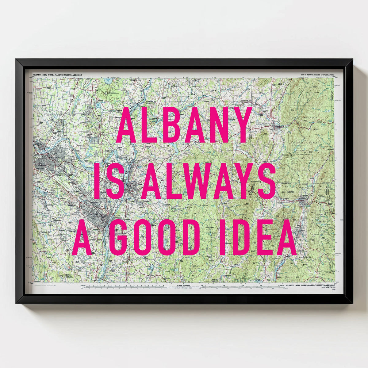 Albany Retro Pop Art Map Print (landscape) - black frame mockup - Magic Posters