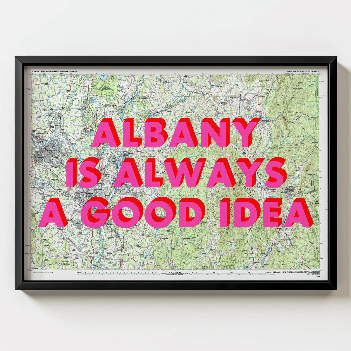 Albany Retro Pop Art Map Print (landscape) - black frame mockup - Magic Posters