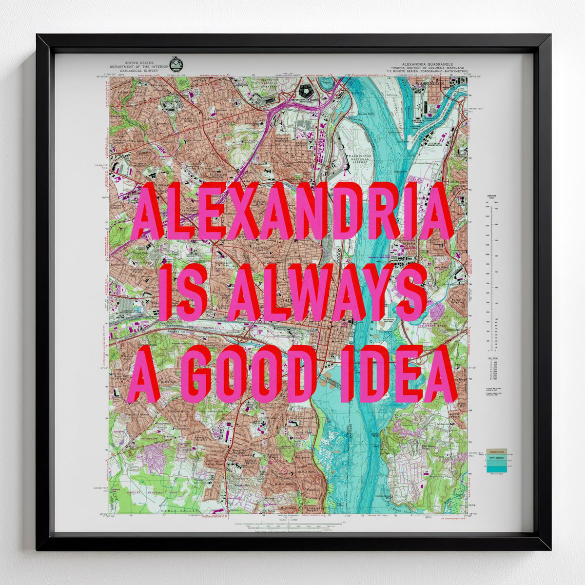 Alexandria Virginia Retro Pop Art Map Print (square) - black frame mockup - Magic Posters Bold