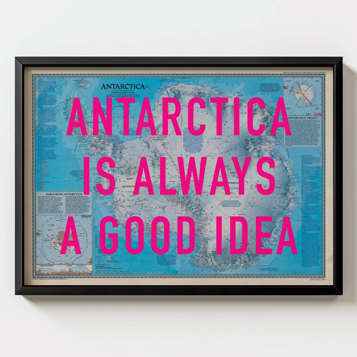 Antarctica Retro Pop Art Map Print (Landscape) - black frame mockup - Magic Posters