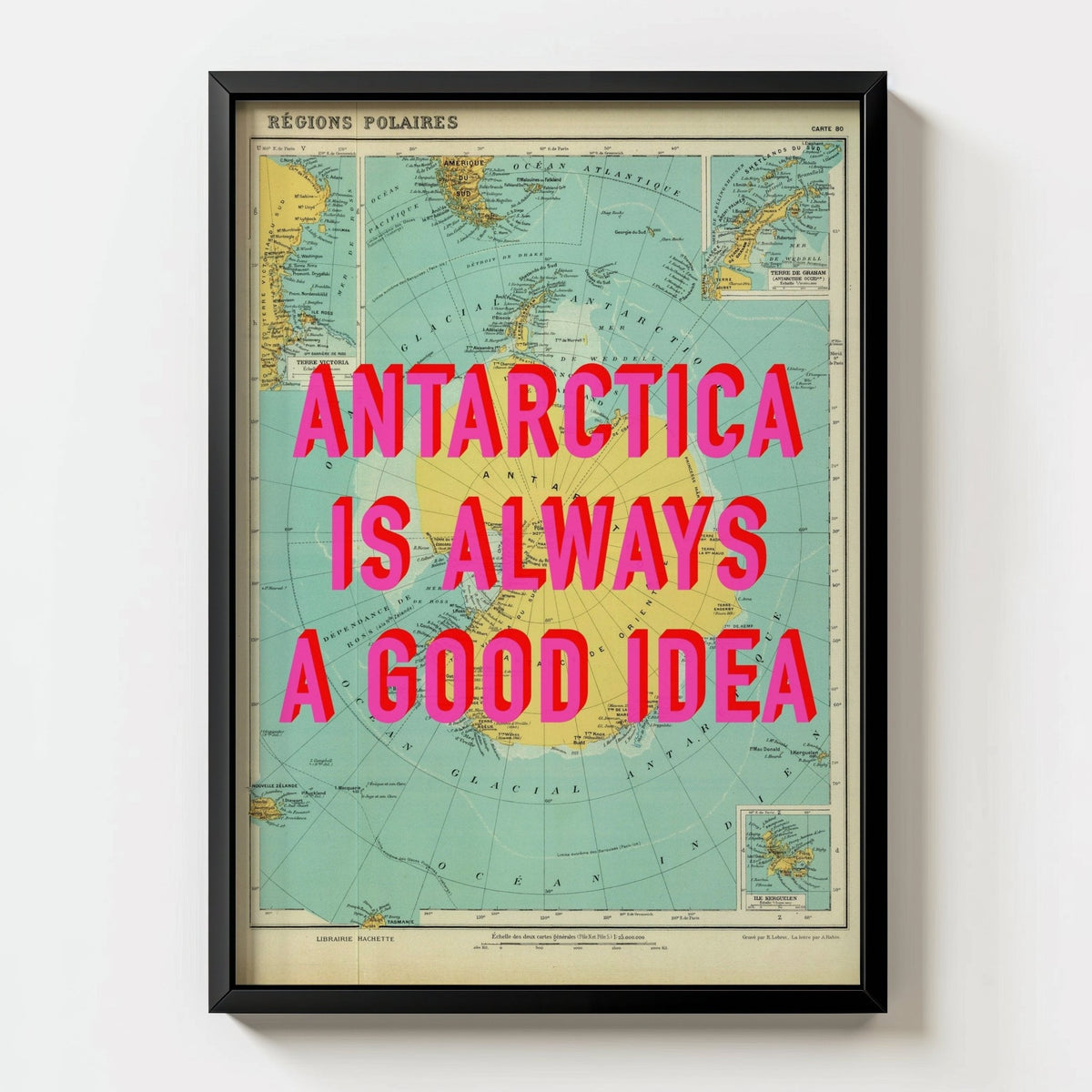 Antarctica Retro Pop Art Map Print (Portrait) - black frame mockup - Magic Posters