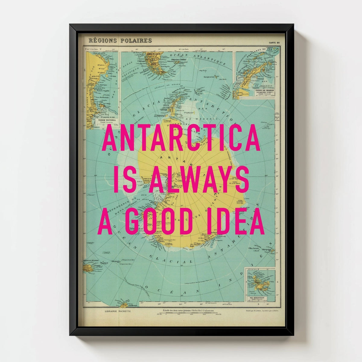 Antarctica Retro Pop Art Map Print (Portrait) - black frame mockup - Magic Posters