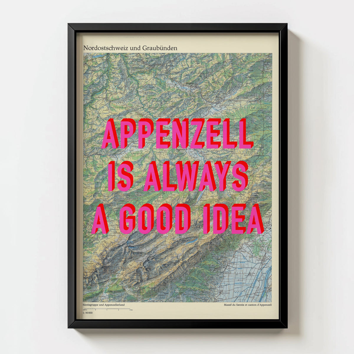 Appenzell Retro Pop Art Map Print (portrait) - black frame mockup - Magic Posters Bold