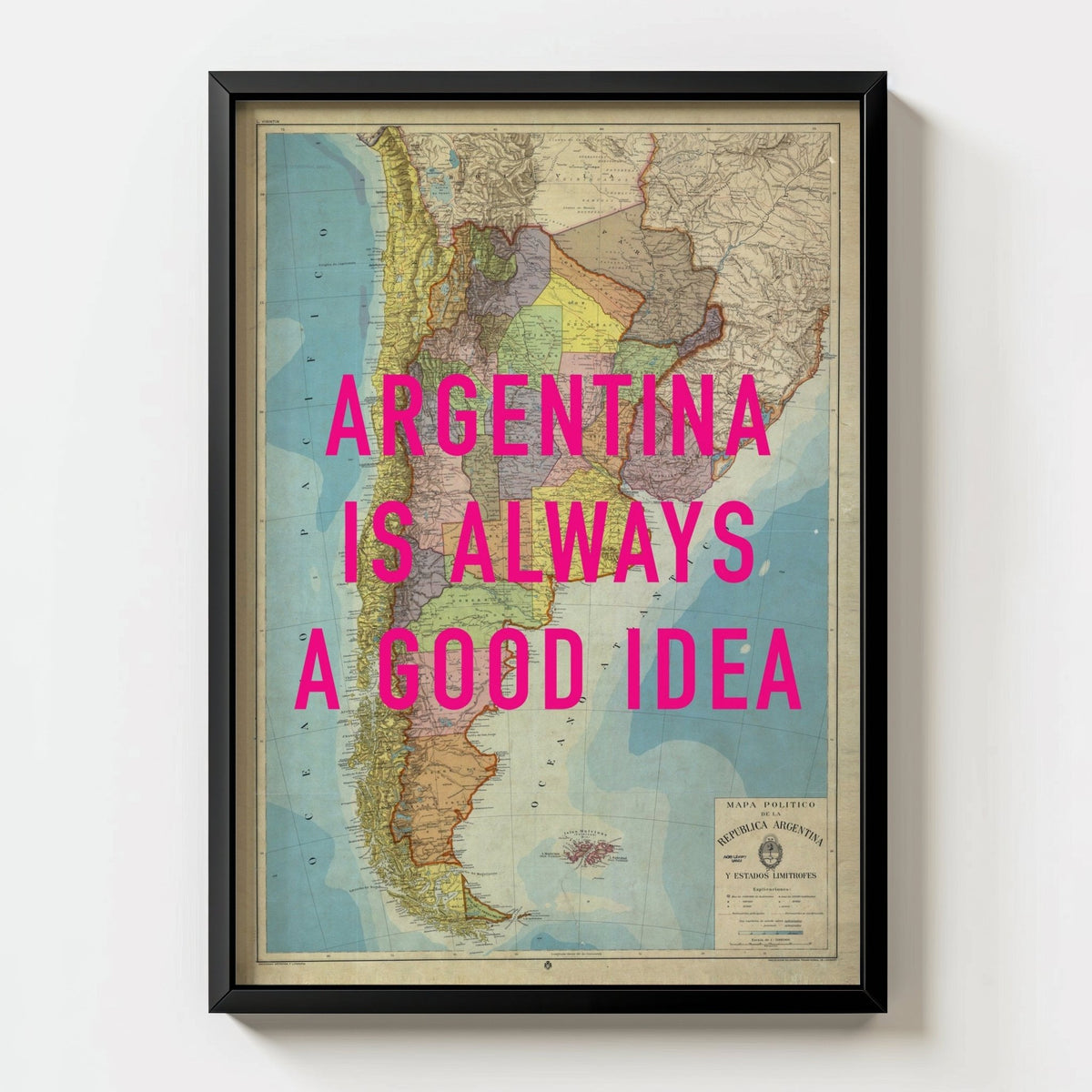 Argentina Retro Pop Art Map Print (Portrait) - black frame mockup - Magic Posters