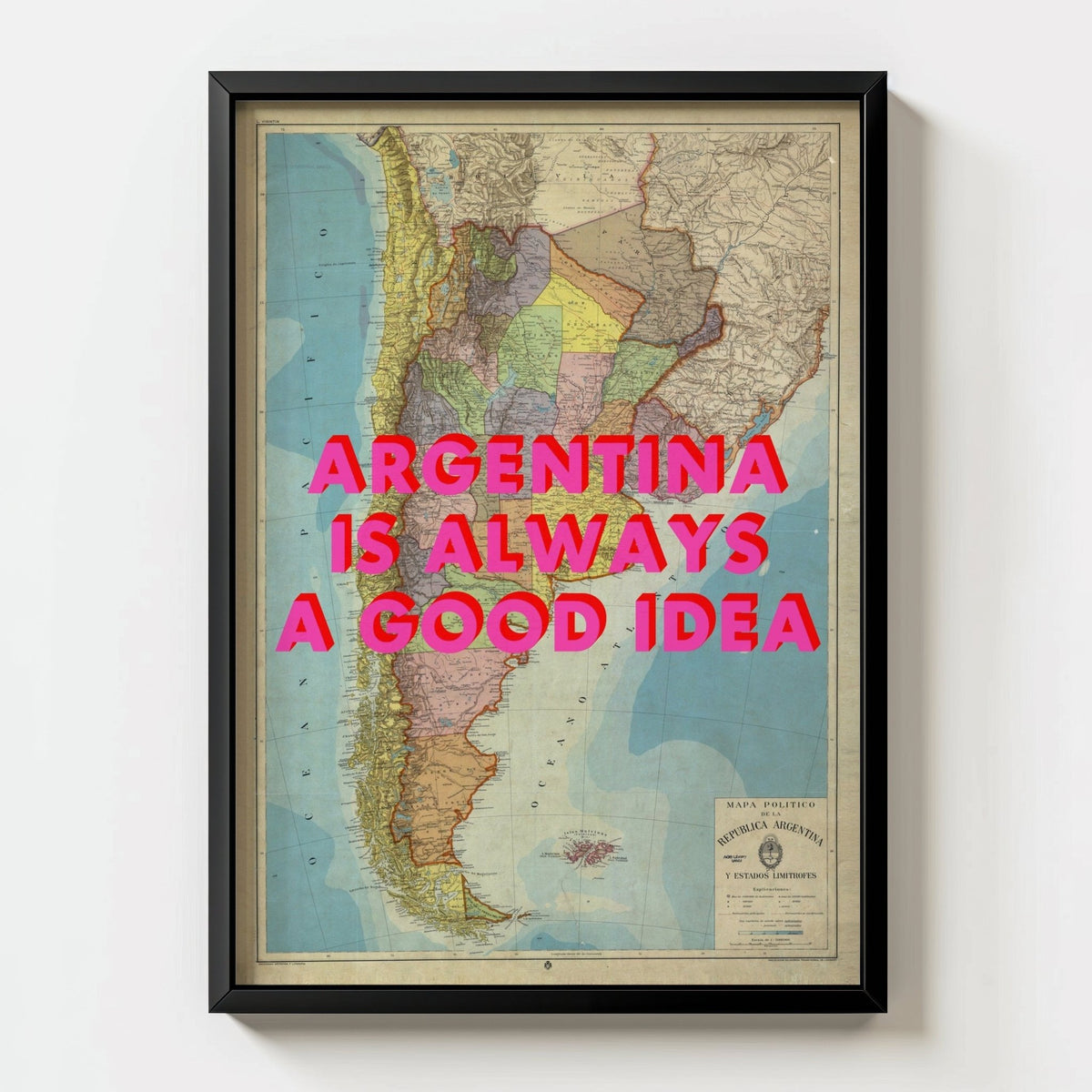 Argentina Retro Pop Art Map Print (Portrait) - black frame mockup - Magic Posters