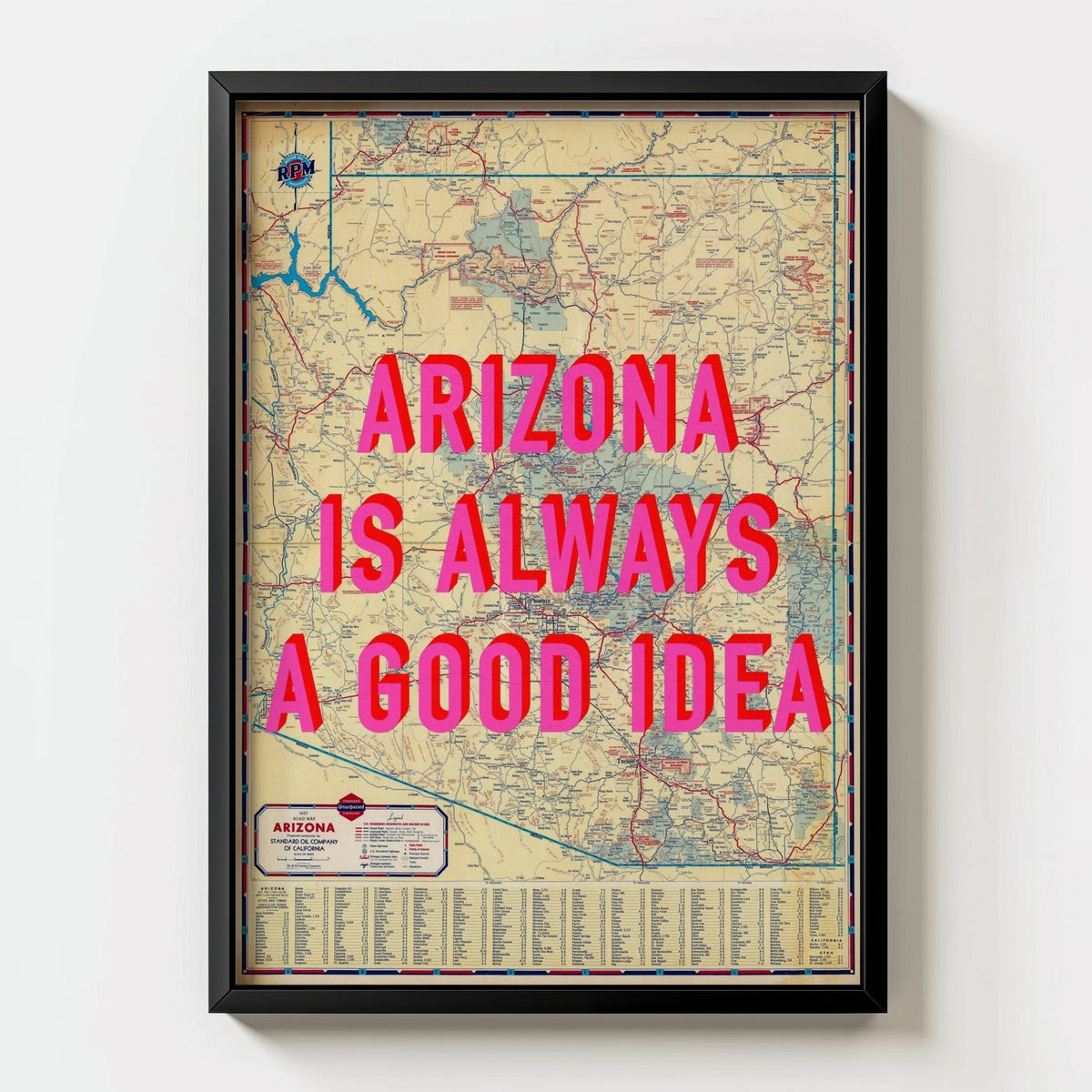 Arizona Retro Pop Art Map Print (portrait) - black frame mockup - Magic Posters