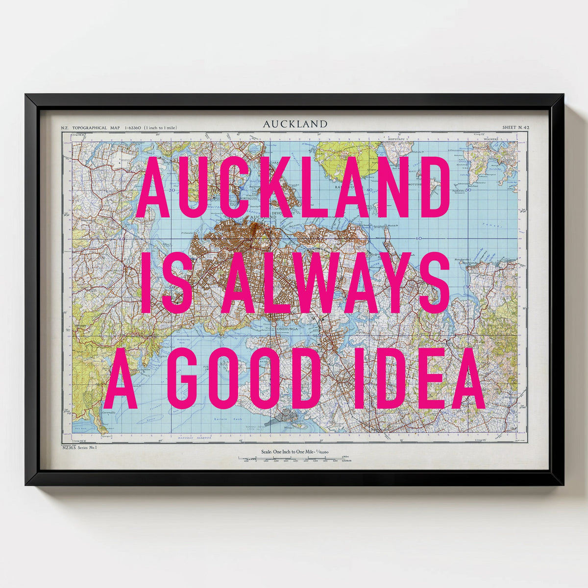 Auckland Retro Pop Art Map Print (landscape) - black frame mockup - Magic Posters