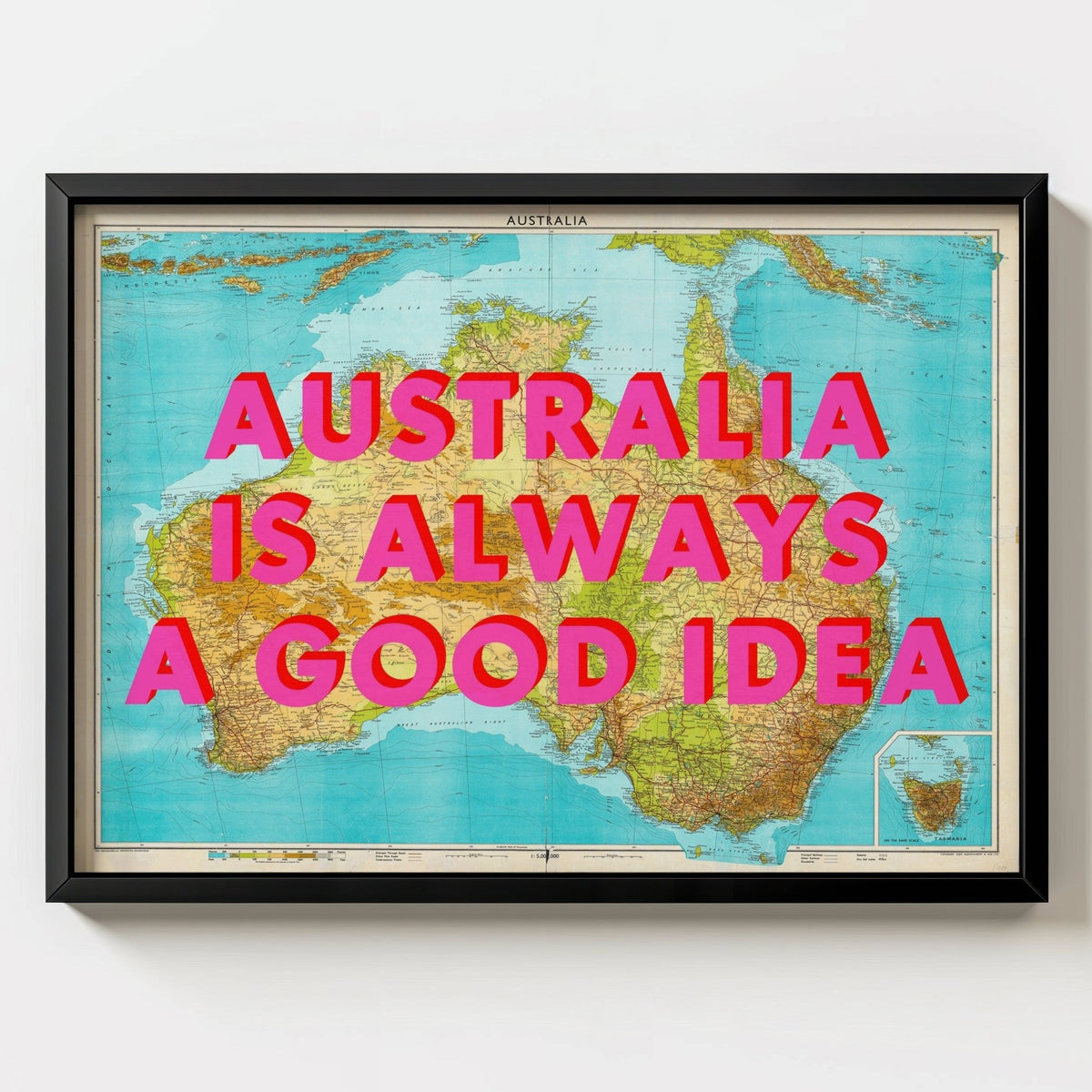 Australia Retro Pop Art Map Print - black frame mockup - Magic Posters