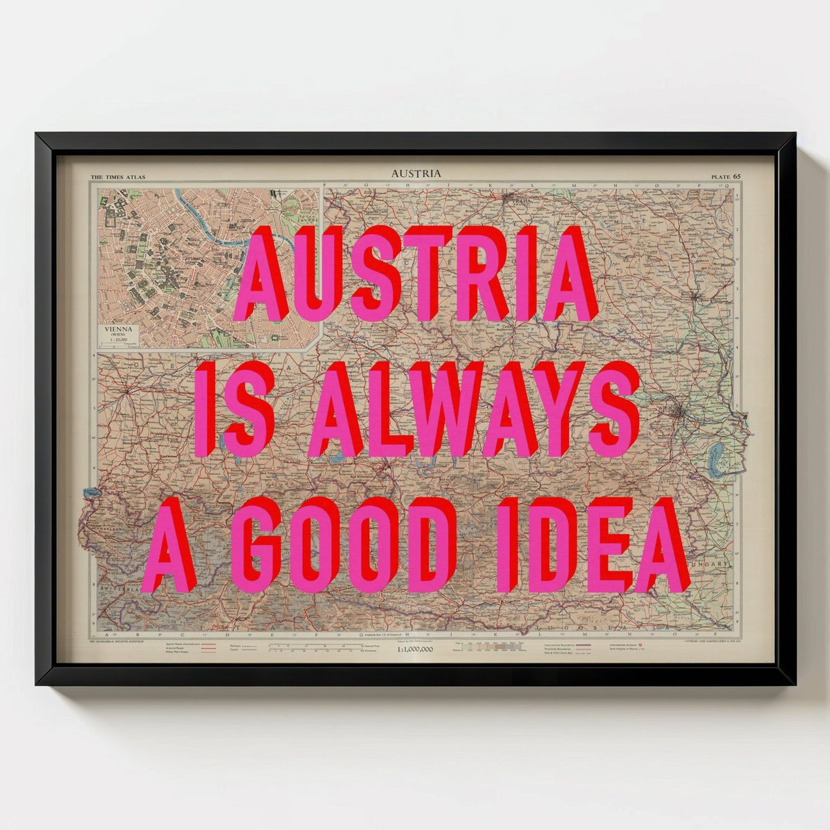 Austria Retro Pop Art Map Print (landscape) - black frame mockup - Magic Posters