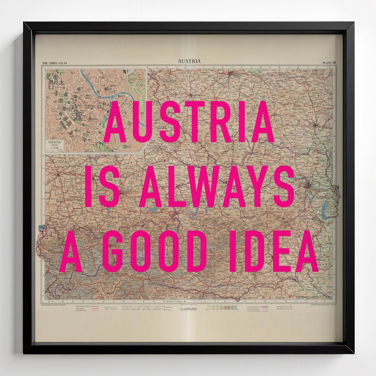 Austria Retro Pop Art Map Print (square) - black frame mockup - Magic Posters
