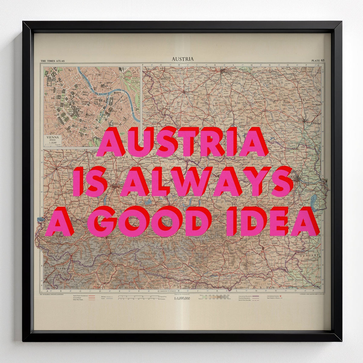 Austria Retro Pop Art Map Print (square) - black frame mockup - Magic Posters