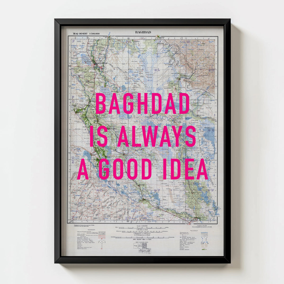 Baghdad Retro Pop Art Map Print (portrait) - black frame mockup - Magic Posters