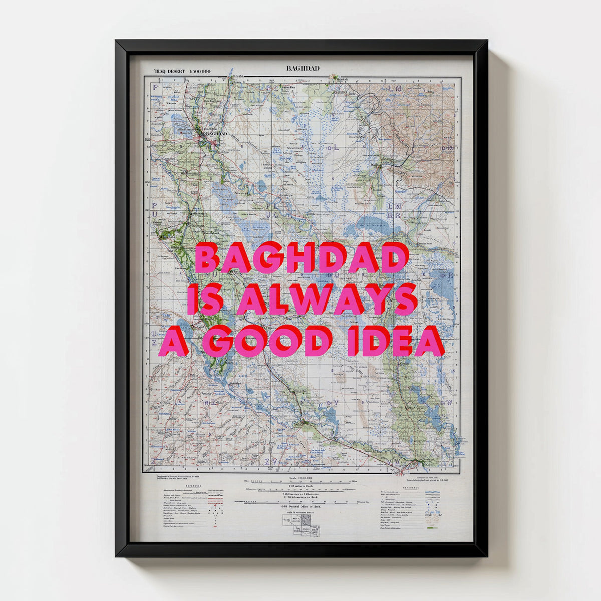 Baghdad Retro Pop Art Map Print (portrait) - black frame mockup - Magic Posters
