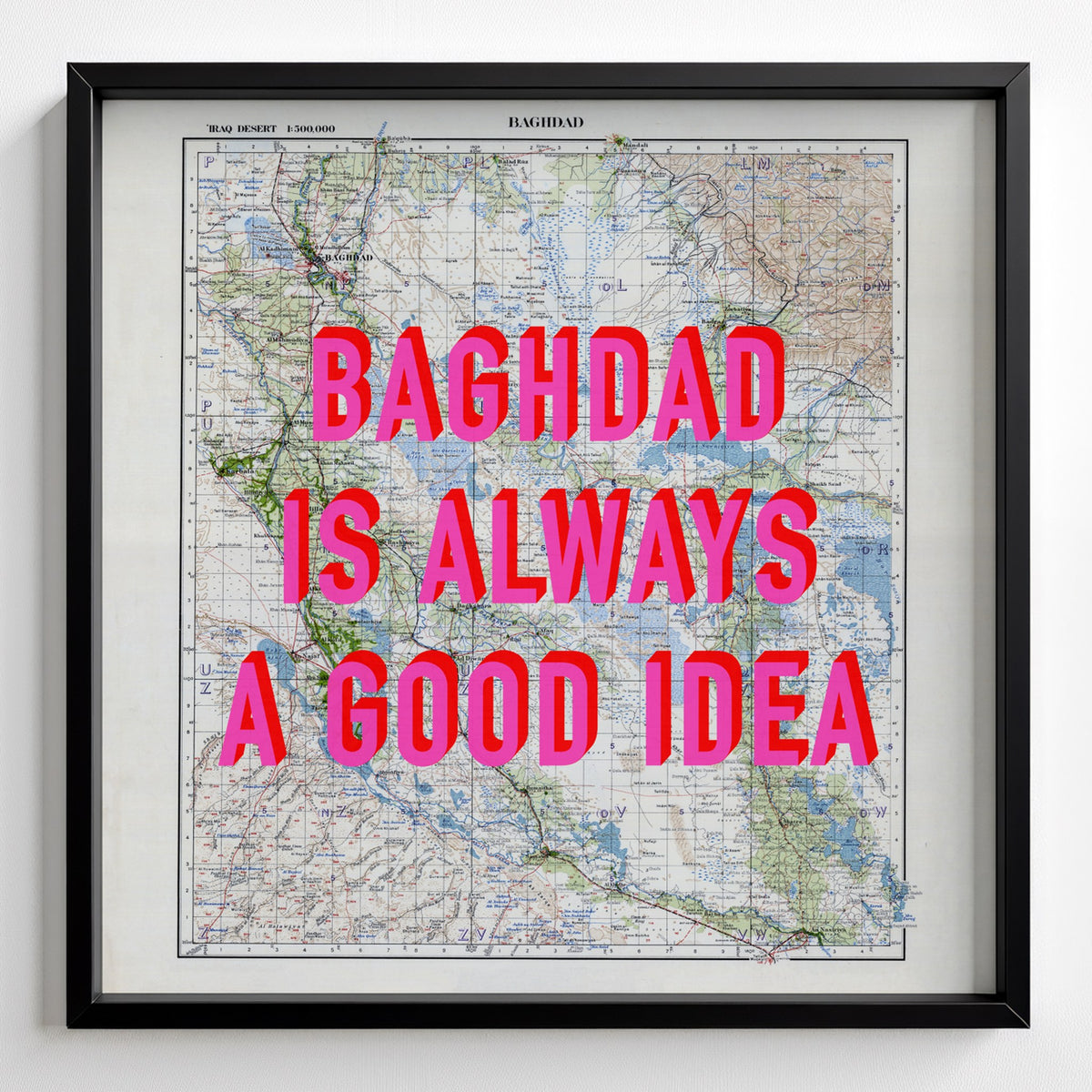 Baghdad Retro Pop Art Map Print (square) - black frame mockup - Magic Posters Bold