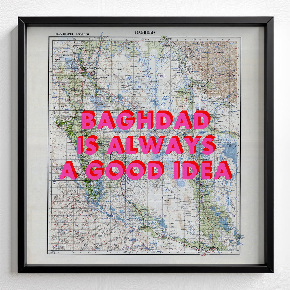 Baghdad Retro Pop Art Map Print (square) - black frame mockup - Magic Posters