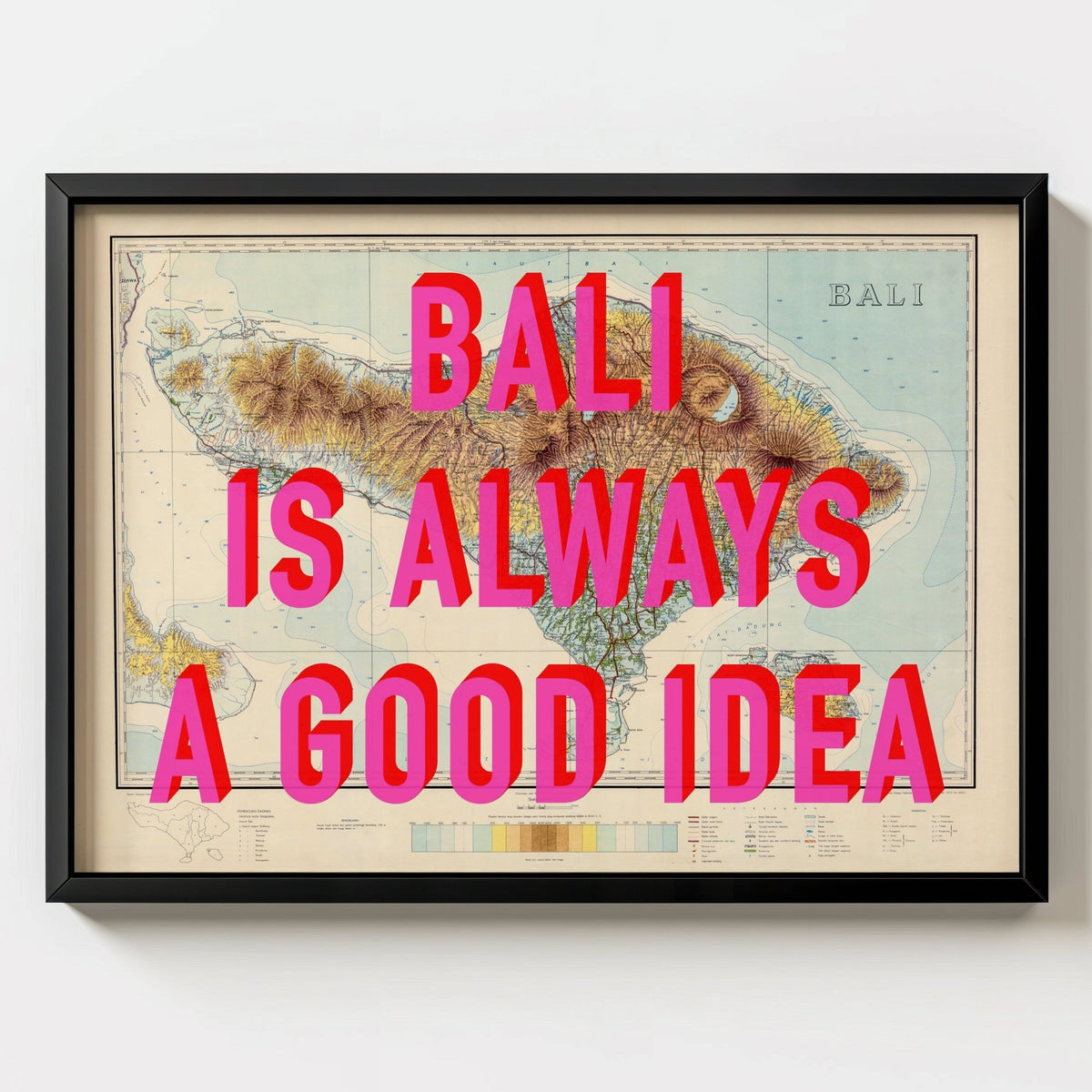 Bali Retro Pop Art Map Print - black frame mockup - Magic Posters
