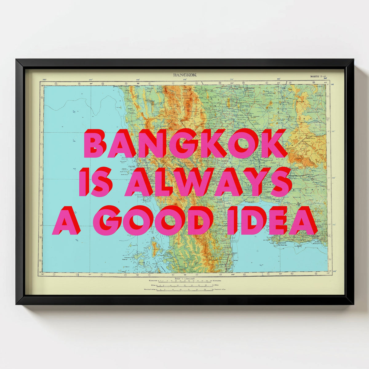 Bangkok Retro Pop Art Map Print (landscape) - black frame mockup - Magic Posters