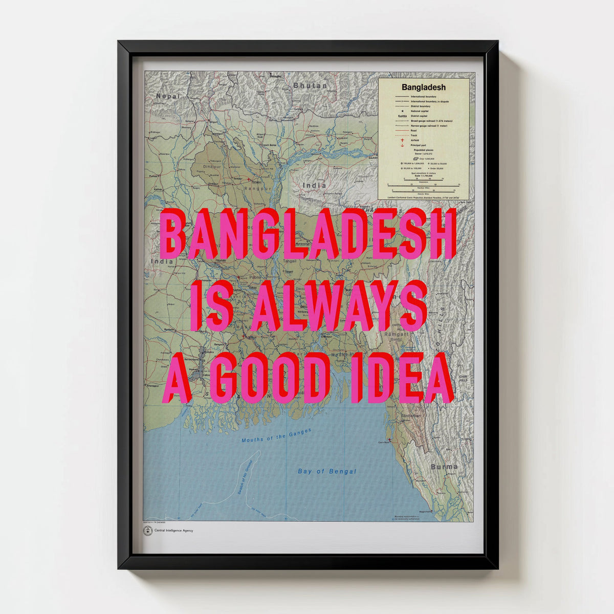 Bangladesh Retro Pop Art Map Print (portrait) - black frame mockup - Magic Posters Bold