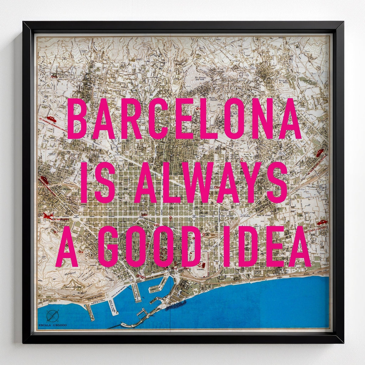 Barcelona Retro Pop Art Map Print (square) - black frame mockup - Magic Posters