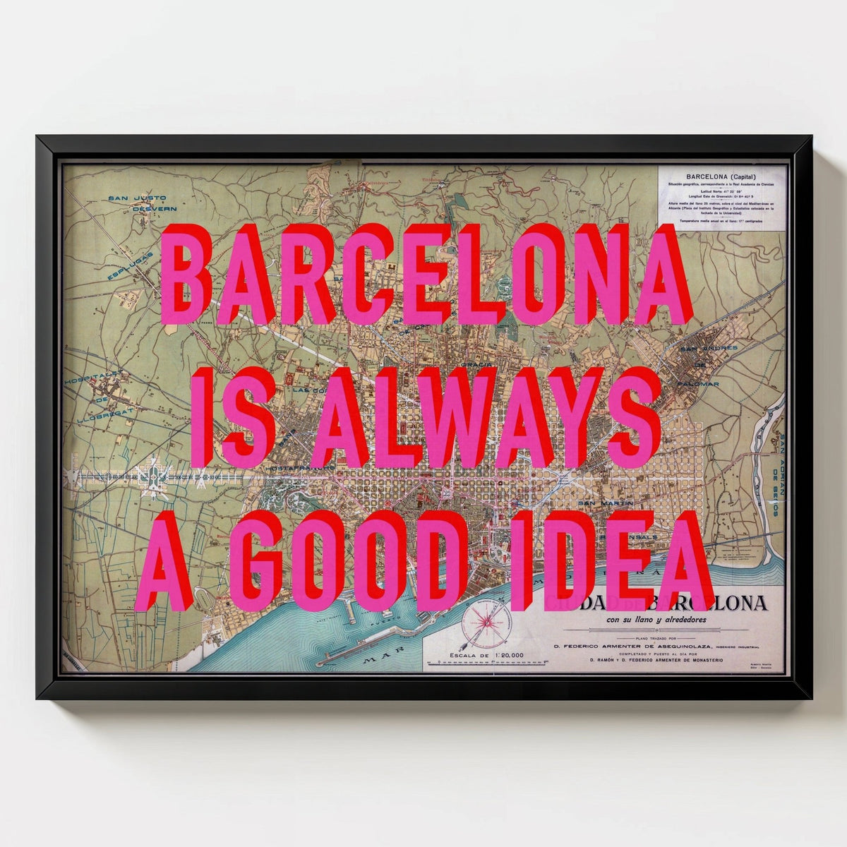 Barcelona Retro Pop Art Map Print (landscape) - black frame mockup - Magic Posters