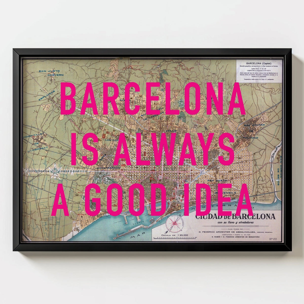 Barcelona Retro Pop Art Map Print (landscape) - black frame mockup - Magic Posters