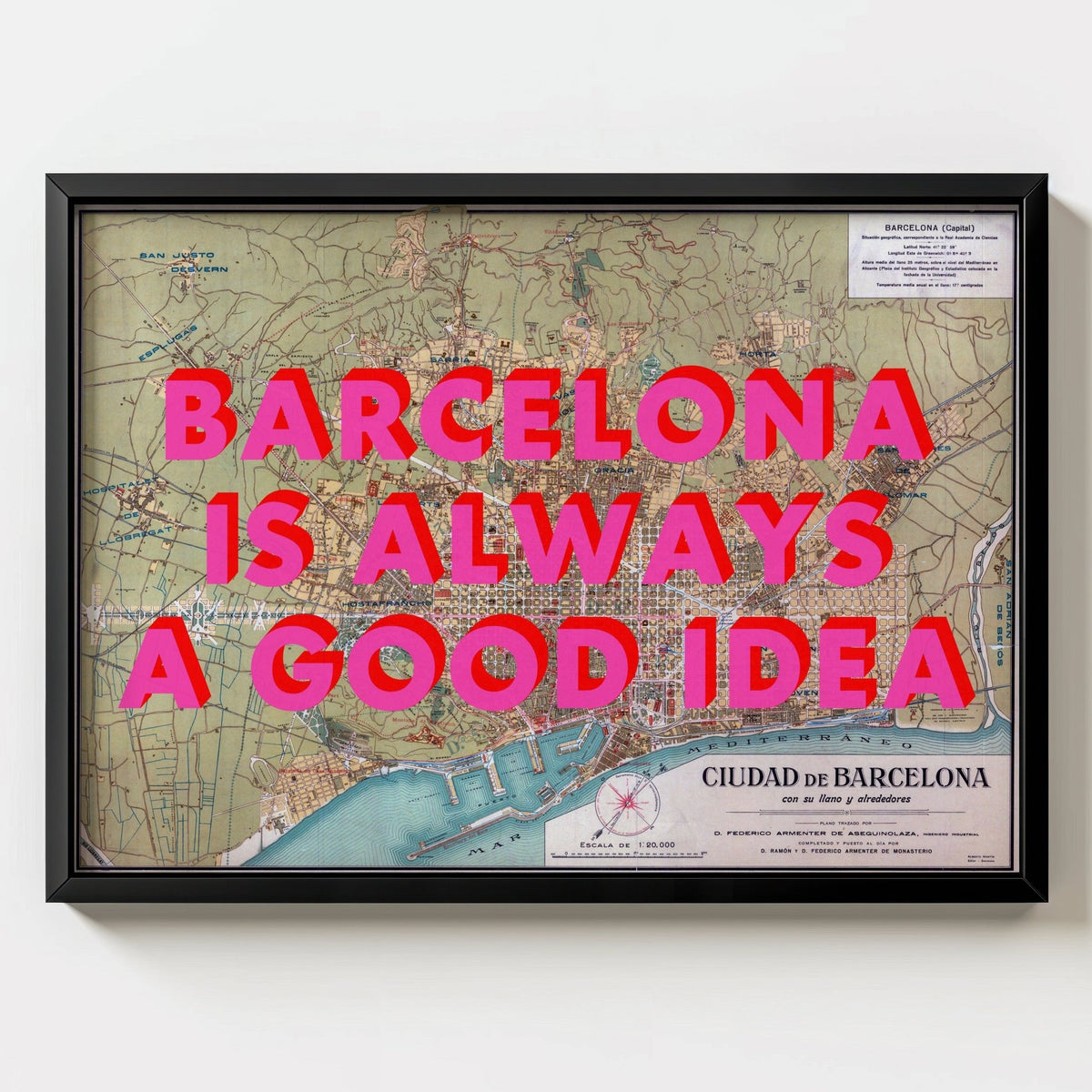 Barcelona Retro Pop Art Map Print (landscape) - black frame mockup - Magic Posters