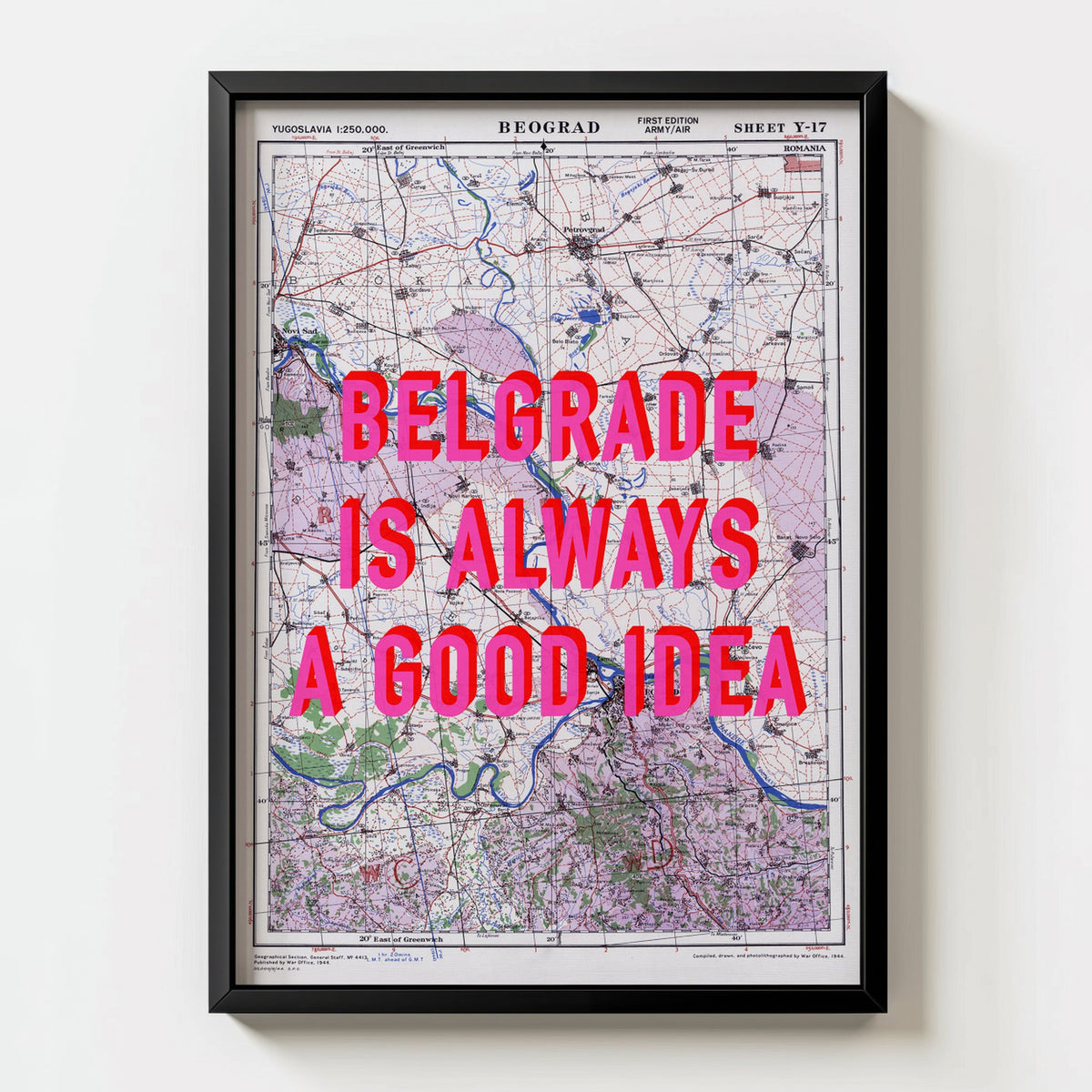 Belgrade Retro Pop Art Map Print (portrait) - black frame mockup - Magic Posters Bold