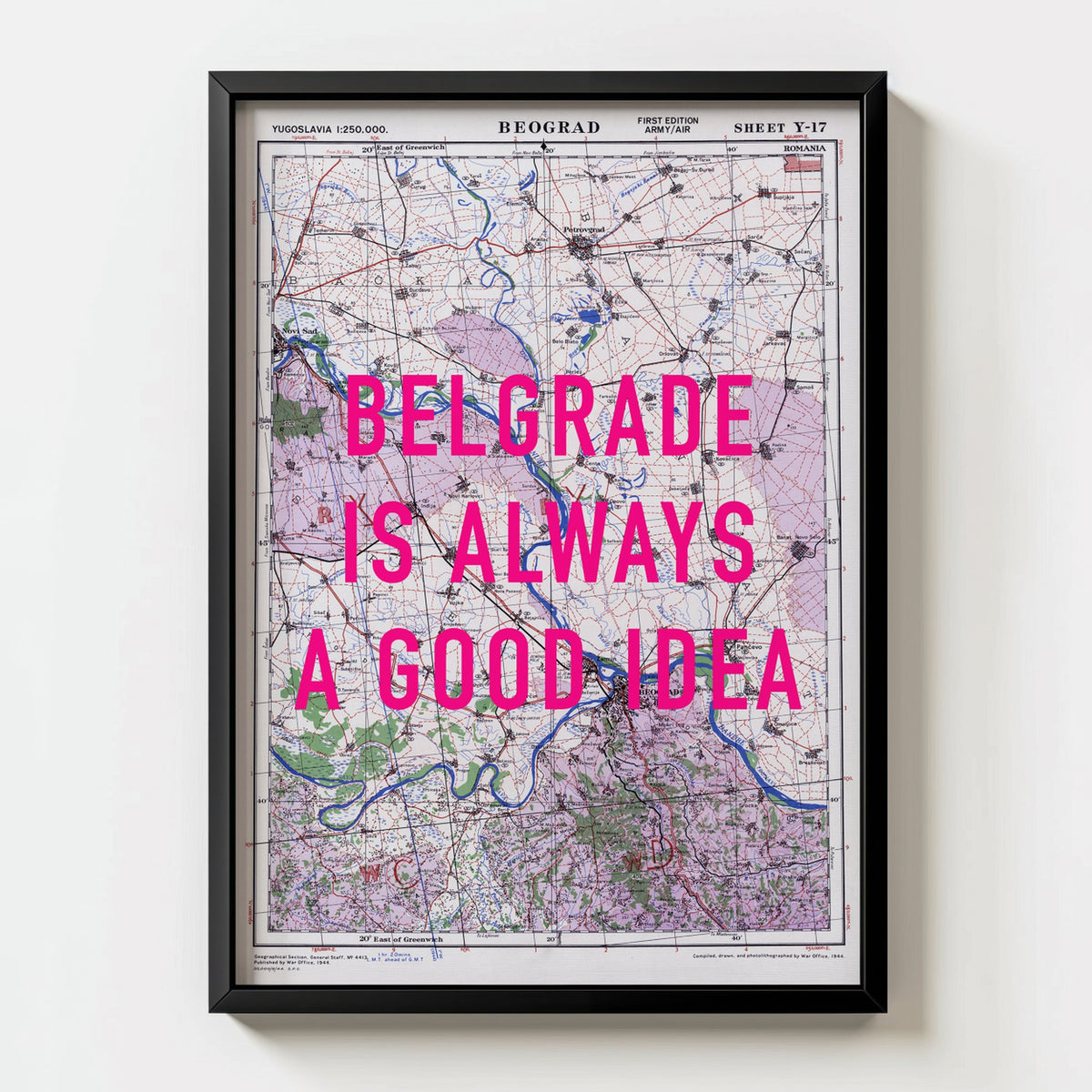 Belgrade Retro Pop Art Map Print (portrait) - black frame mockup - Magic Posters