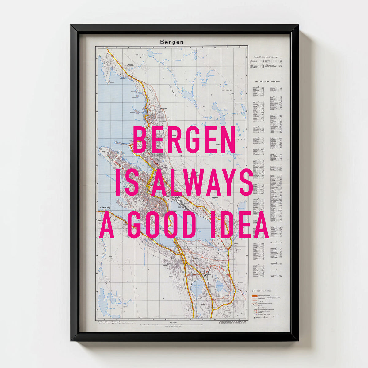 Bergen Retro Pop Art Map Print (portrait) - black frame mockup - Magic Posters