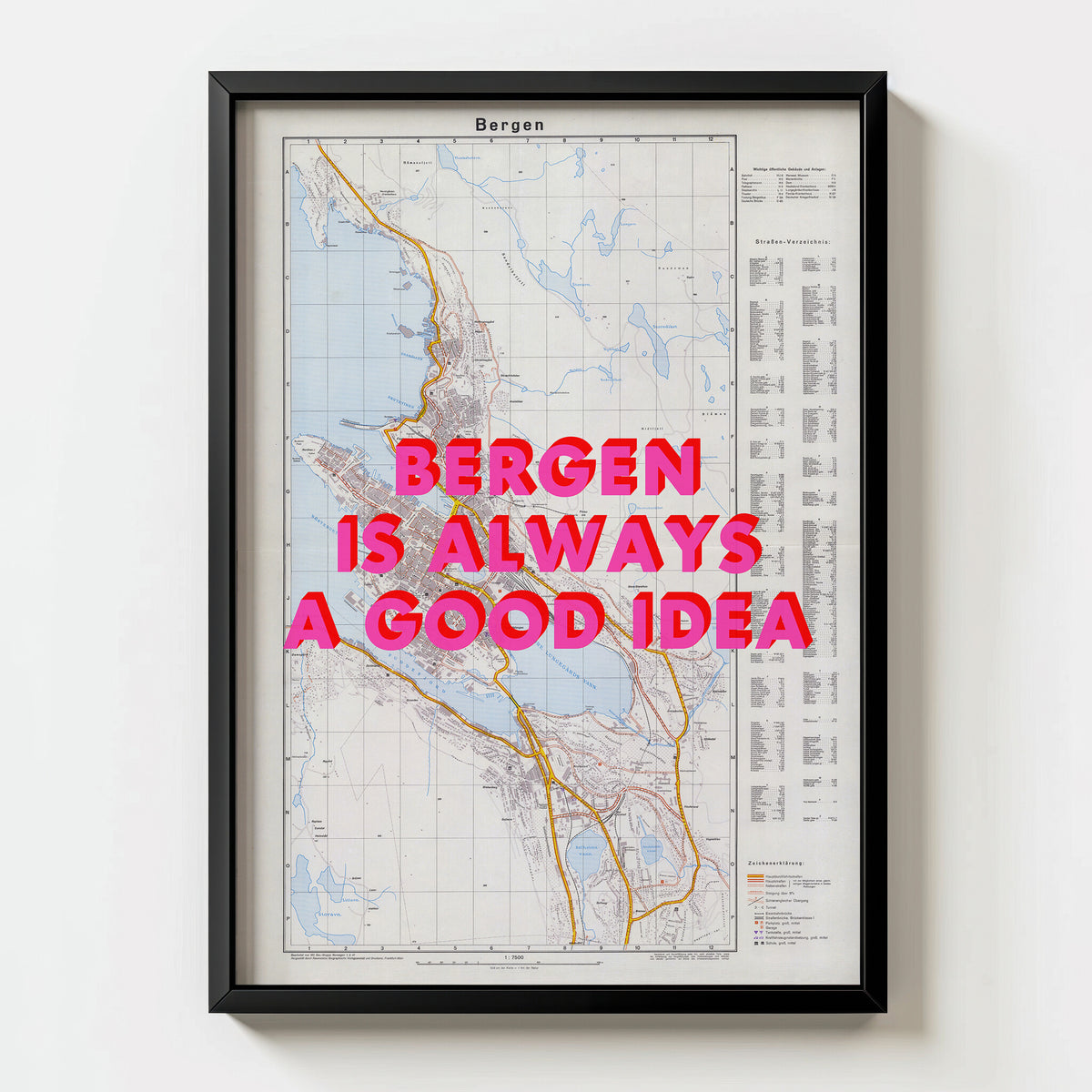 Bergen Retro Pop Art Map Print (portrait) - black frame mockup - Magic Posters
