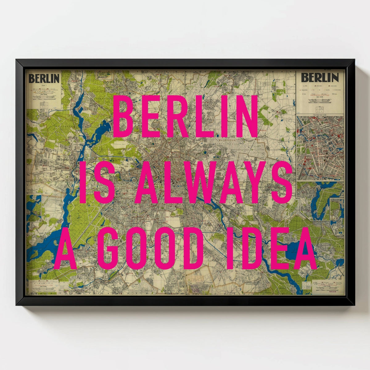 Berlin Retro Pop Art Map Print (landscape) - black frame mockup - Magic Posters