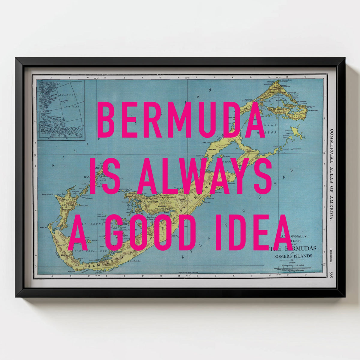 Bermuda Retro Pop Art Map Print (landscape) - black frame mockup - Magic Posters