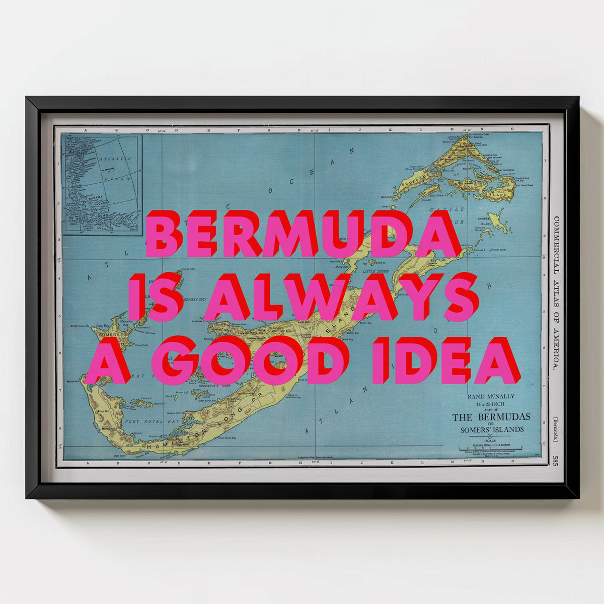 Bermuda Retro Pop Art Map Print (landscape) - black frame mockup - Magic Posters