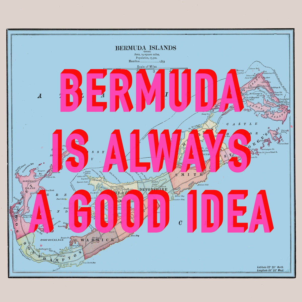 Bermuda Retro Pop Art Map Print (square) - Magic Posters