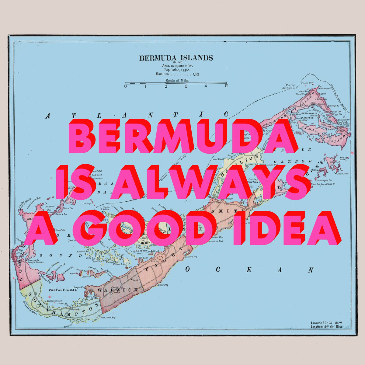 Bermuda Retro Pop Art Map Print (square) - Magic Posters