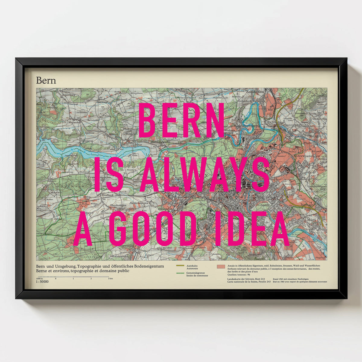 Bern Retro Pop Art Map Print (landscape) - black frame mockup - Magic Posters