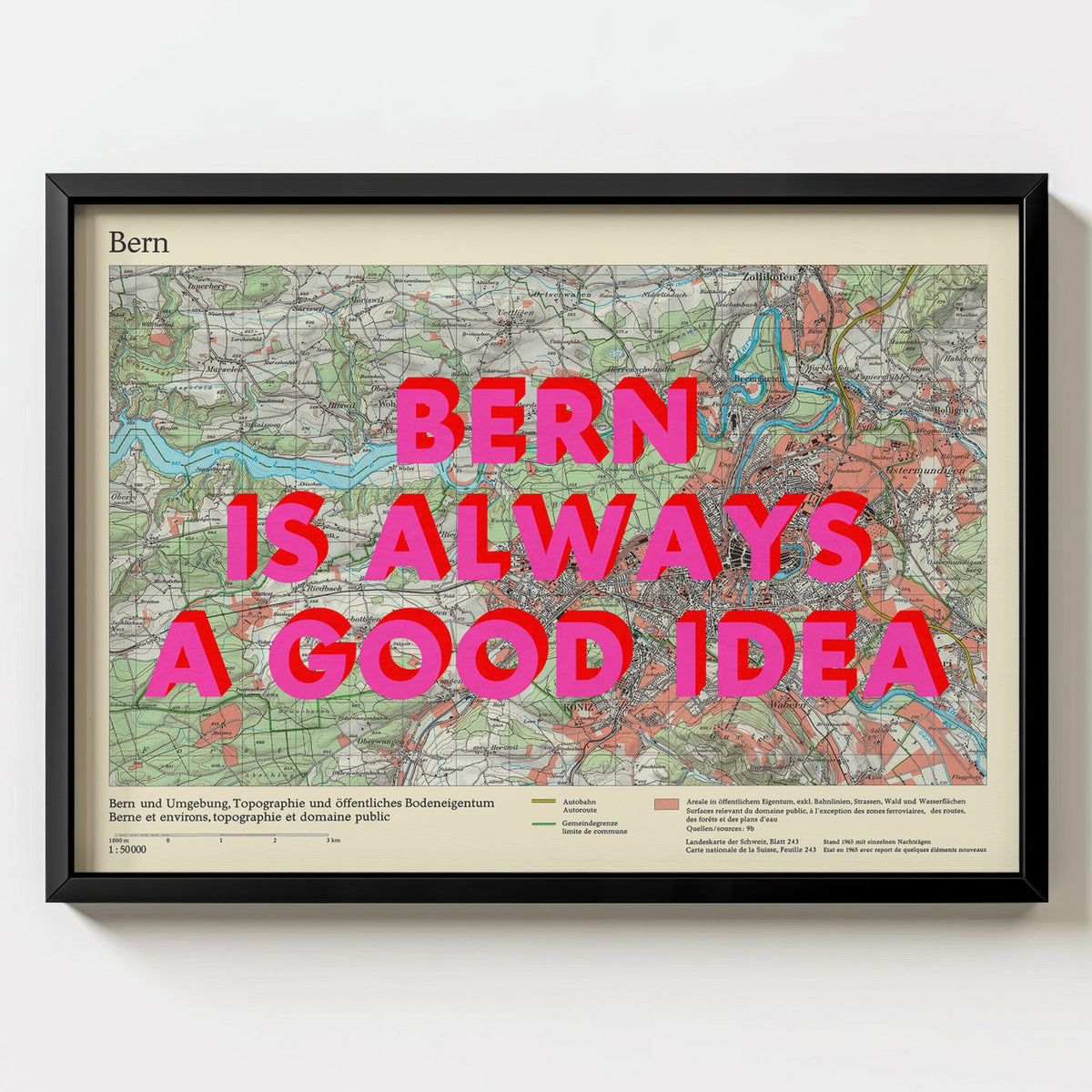 Bern Retro Pop Art Map Print (landscape) - black frame mockup - Magic Posters