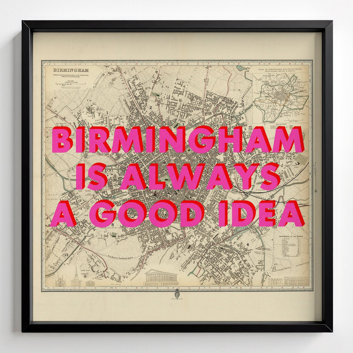 Birmingham Retro Pop Art Map Print - black frame mockup - Magic Posters