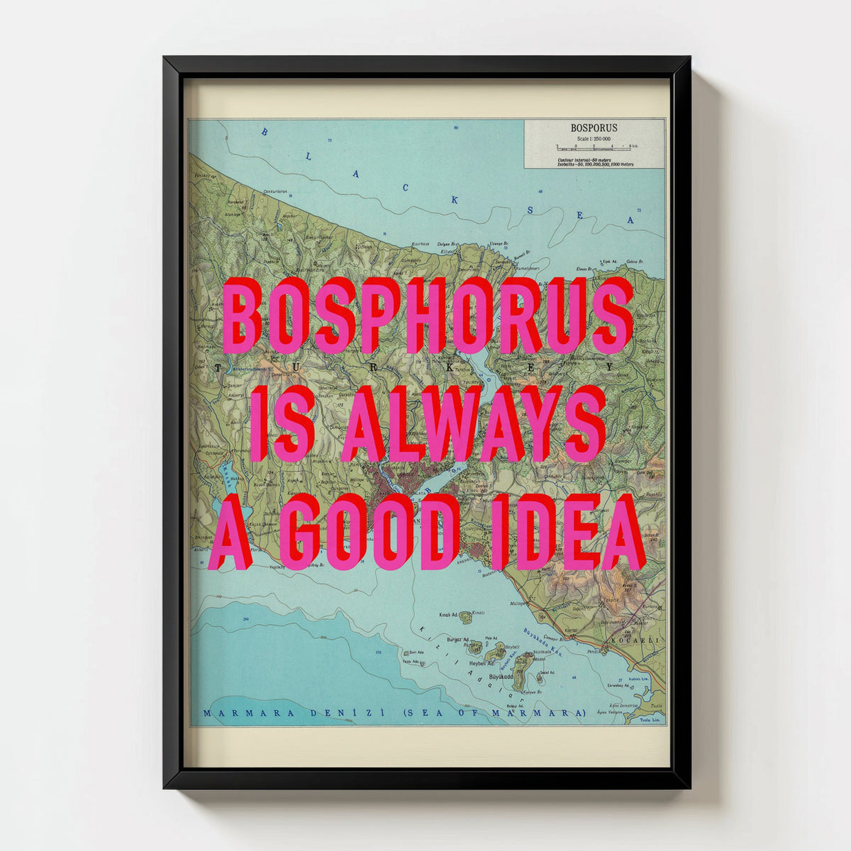 Bosphorus Retro Pop Art Map Print (portrait) - black frame mockup - Magic Posters Bold