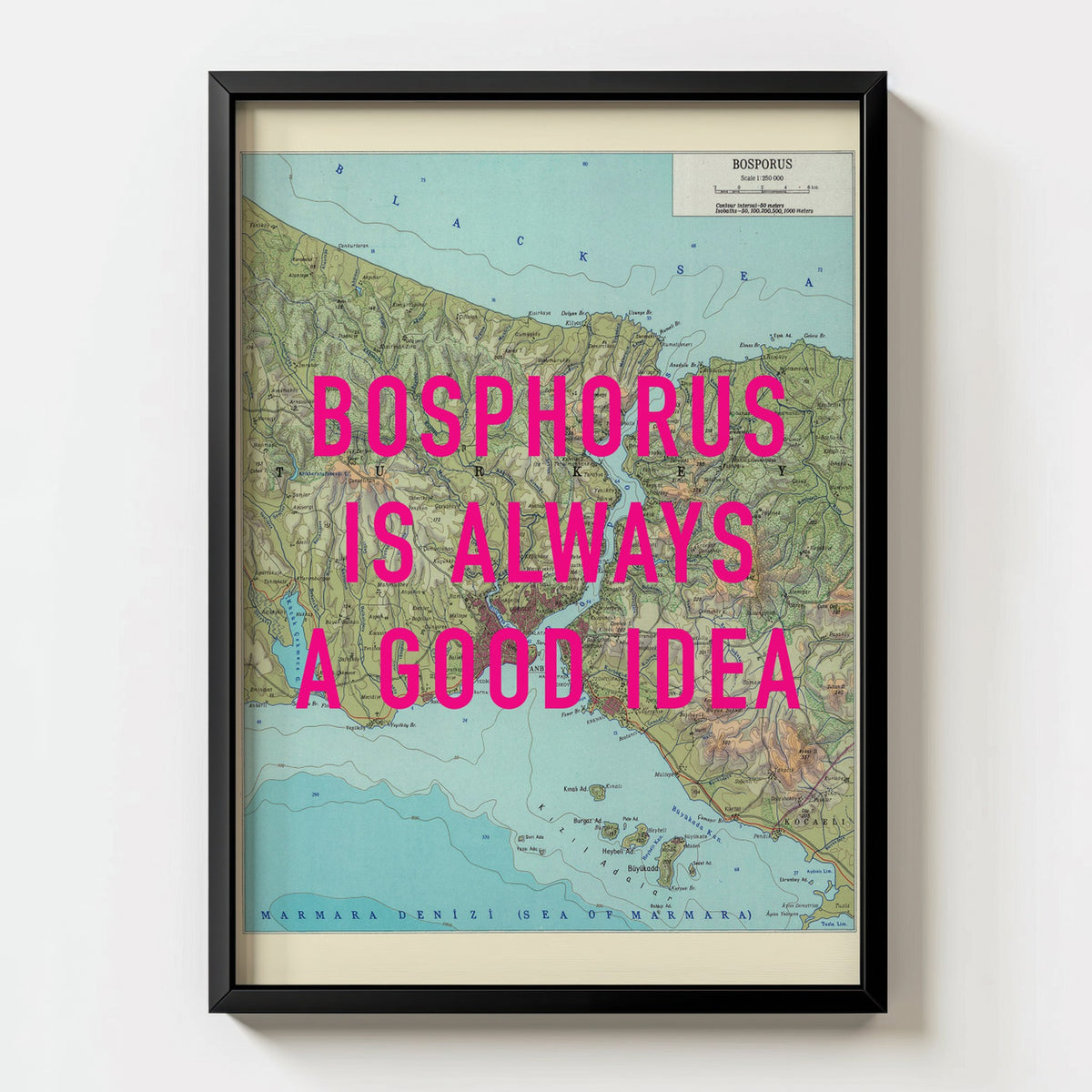 Bosphorus Retro Pop Art Map Print (portrait) - black frame mockup - Magic Posters