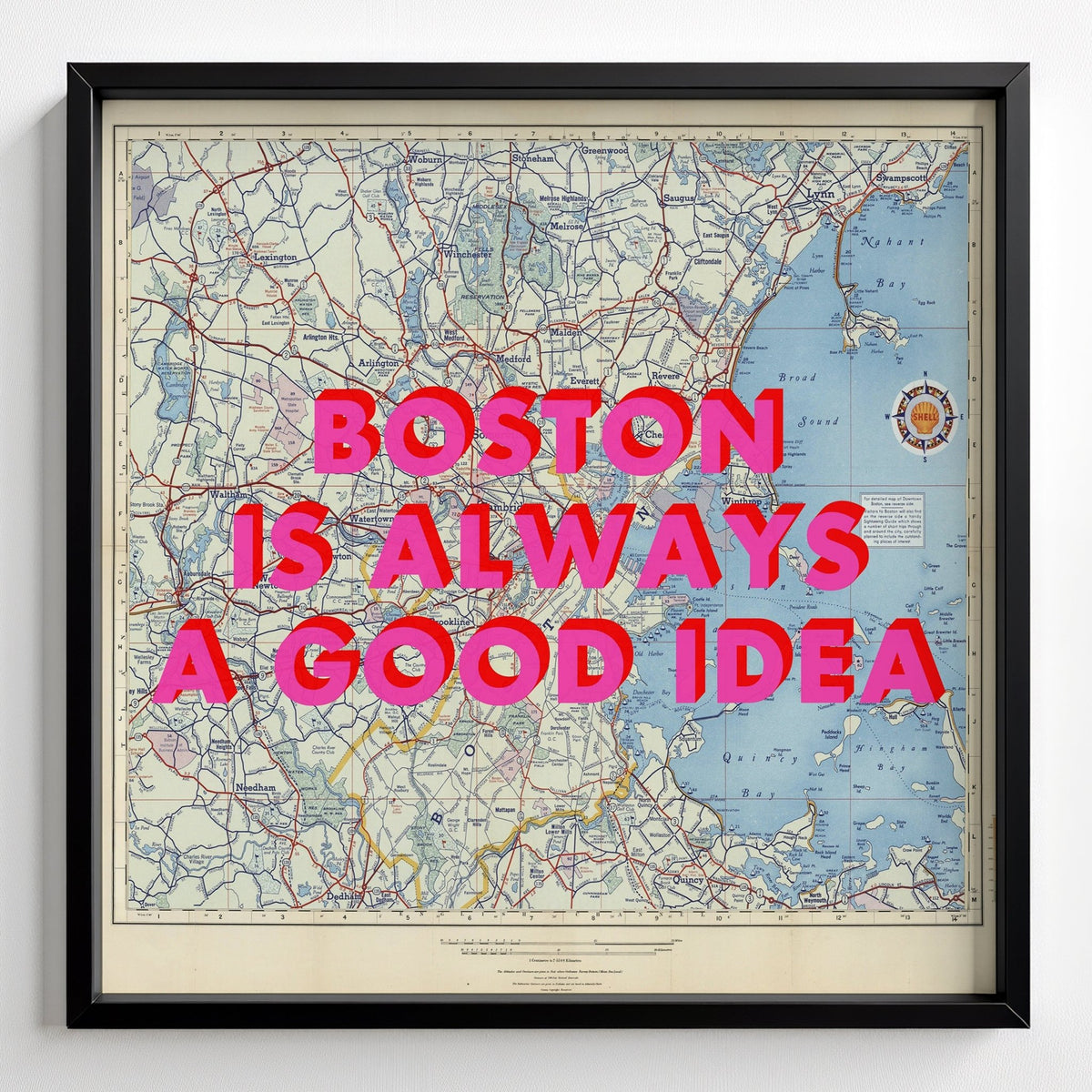 Boston Retro Pop Art Map Print (Square) - black frame mockup - Magic Posters