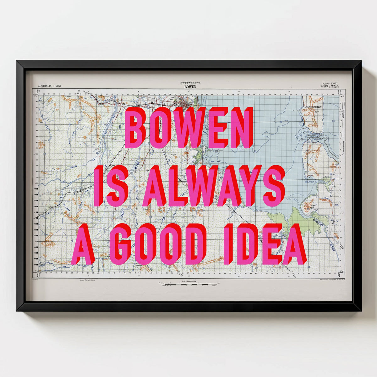 Bowen Retro Pop Art Map Print (landscape) - black frame mockup - Magic Posters Bold