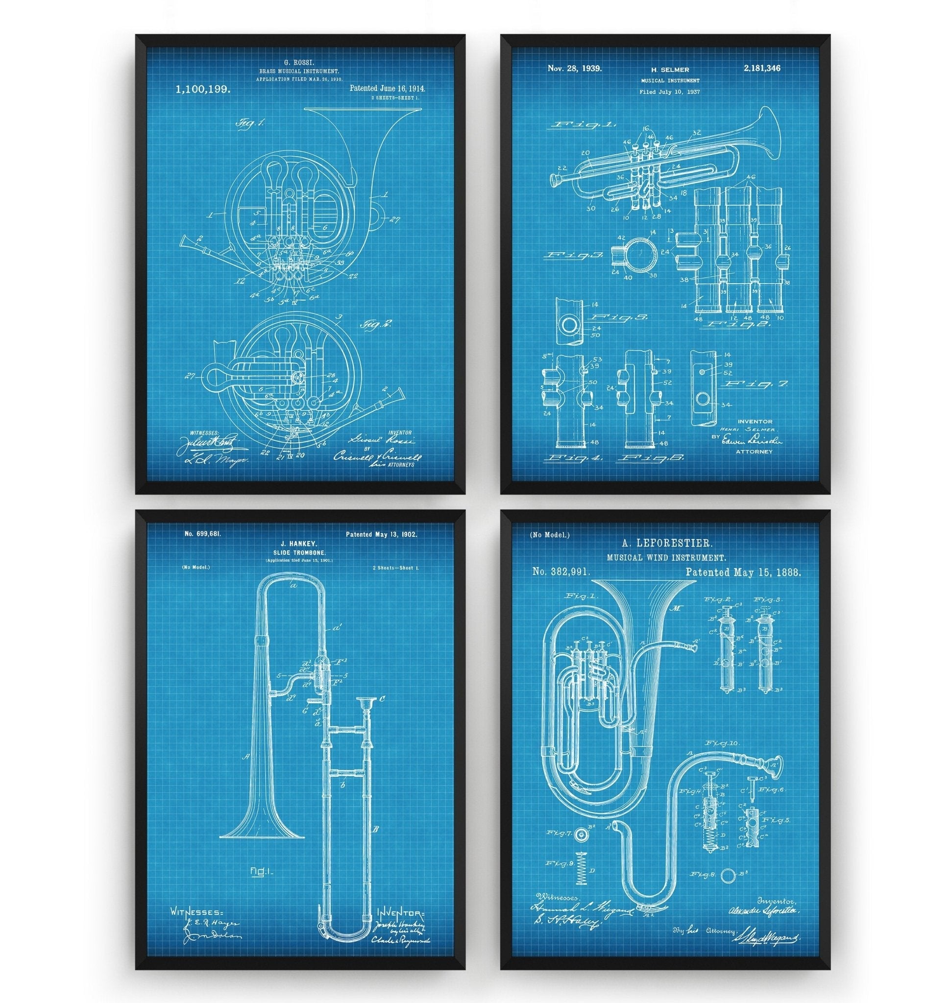 Brass Instrument Set Of 4 Patent Prints - Magic Posters