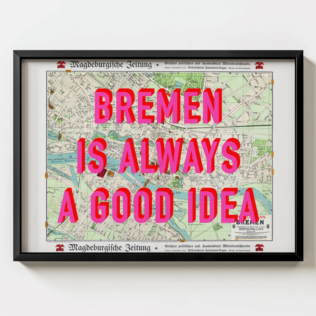 Bremen Retro Pop Art Map Print (landscape) - black frame mockup - Magic Posters Bold